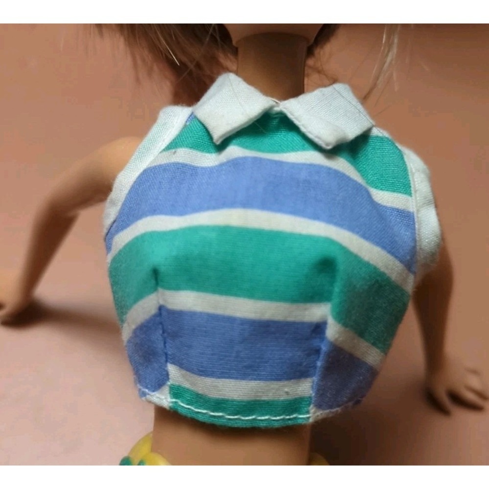 Vintage Barbie Fashion Top Collared Stripe Crop Preppy Striped Blue Green White